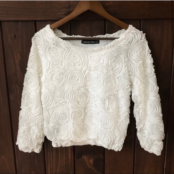 White Mesh Lace Rose Floral Long Sleeve Textured Top - Picture 2 of 7